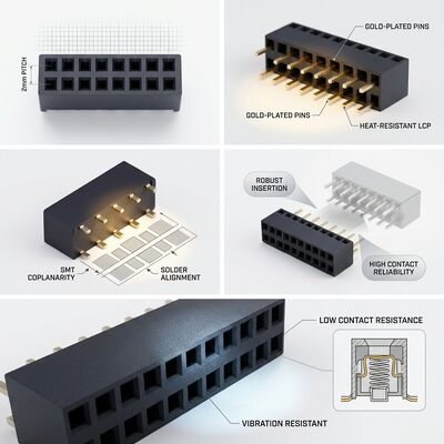 Connettore femmina a doppia fila da 2,54 mm con intestazione a scatola schermata, placcatura oro, PA6T, polarizzato, con chiave, per PCB, a foro passante