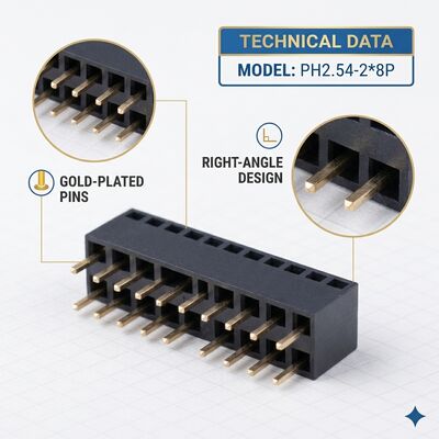 Connettore femmina a doppia fila con passo da 2,54 mm, ad angolo retto, 04P-80P, placcato oro, PA6T, per PCB, a foro passante